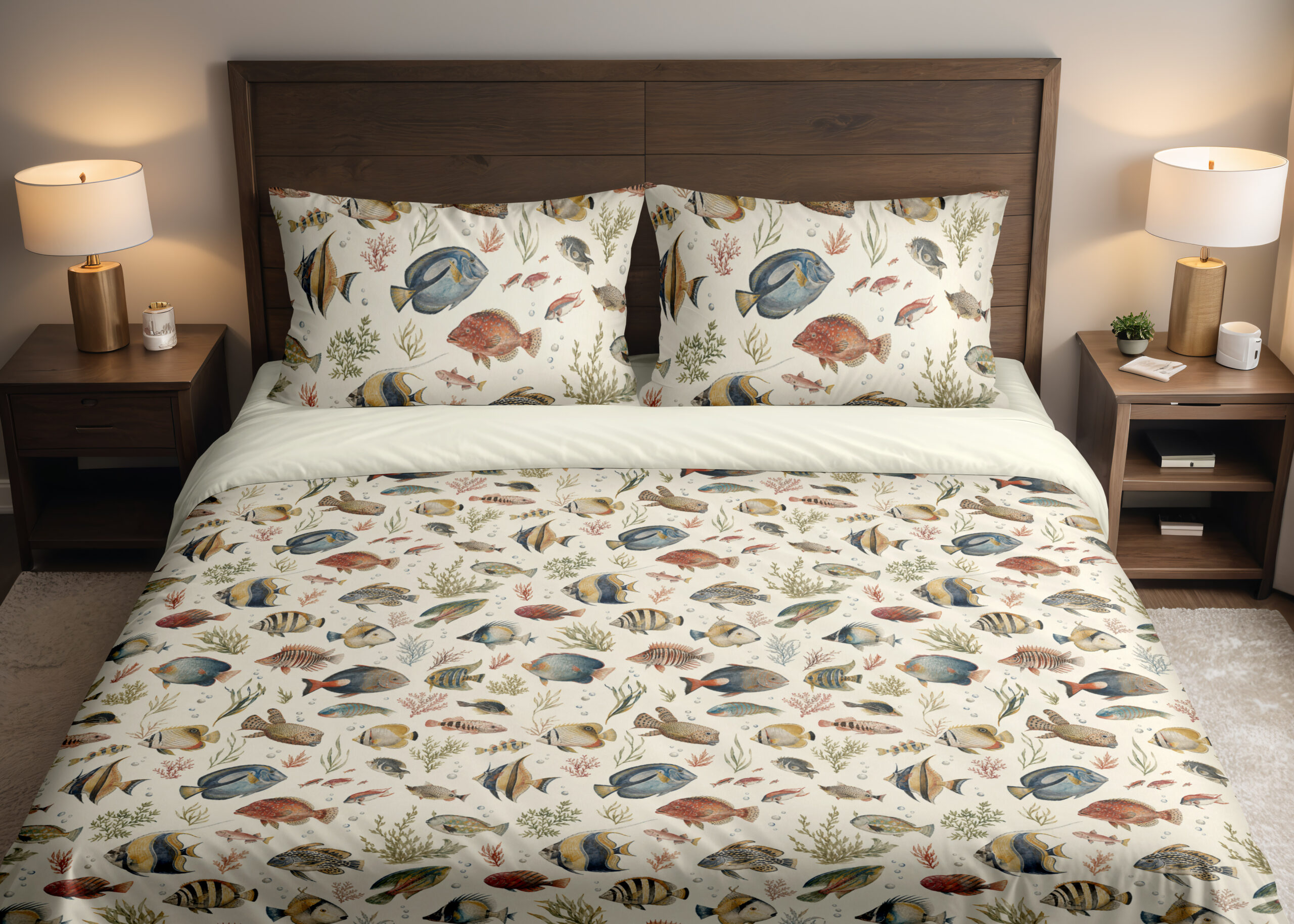 Front close view of ivory bedding with small watercolor reef fish in blue, yellow, coral and gray swimming among delicate sea plants on the cover and matching pillows.