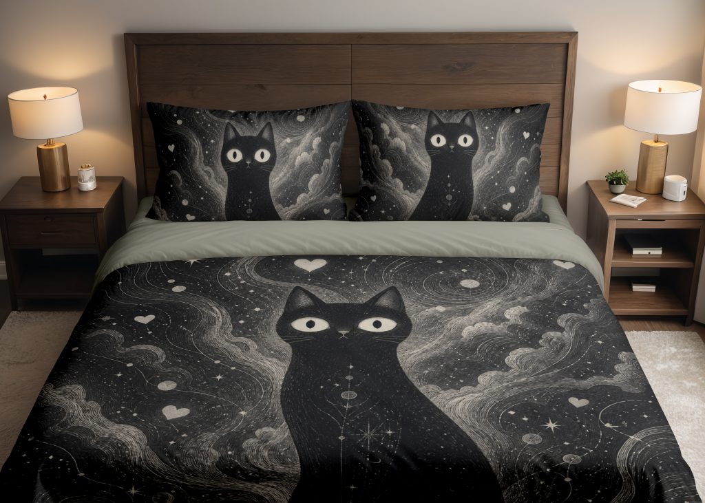 Cosmic Heart Black Cat Bedding Set