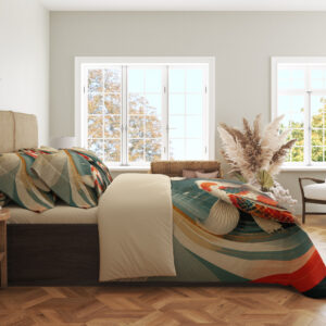 Side view of bedding printed with red, white and black koi moving through sweeping teal and cream currents with red geometric accents, showing the print across the draped cover.