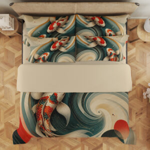 Overhead view of bedding printed with red, white and black koi moving through sweeping teal and cream currents with red geometric accents, with the design repeated on the pillows.