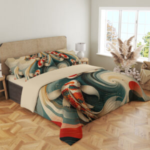 Angled full-bed view of bedding printed with red, white and black koi moving through sweeping teal and cream currents with red geometric accents, showing the pattern across the cover and pillows.