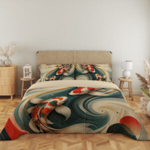 Full front view of bedding printed with red, white and black koi moving through sweeping teal and cream currents with red geometric accents beneath a beige headboard.