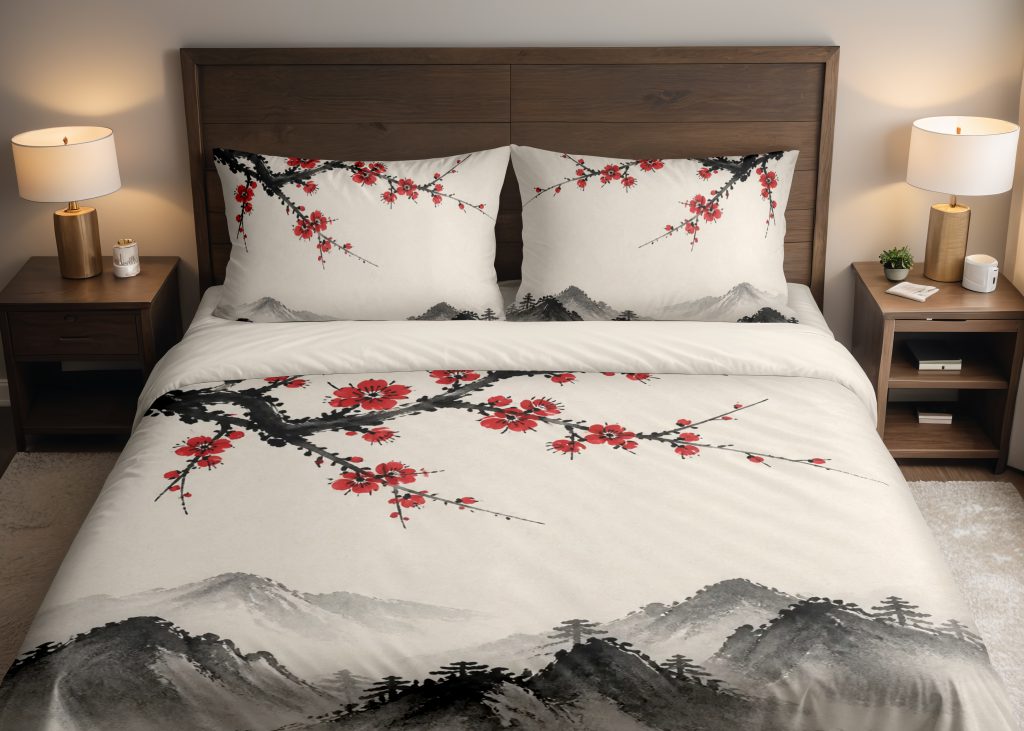 Crimson Plum Mist Peaks Bedding Set