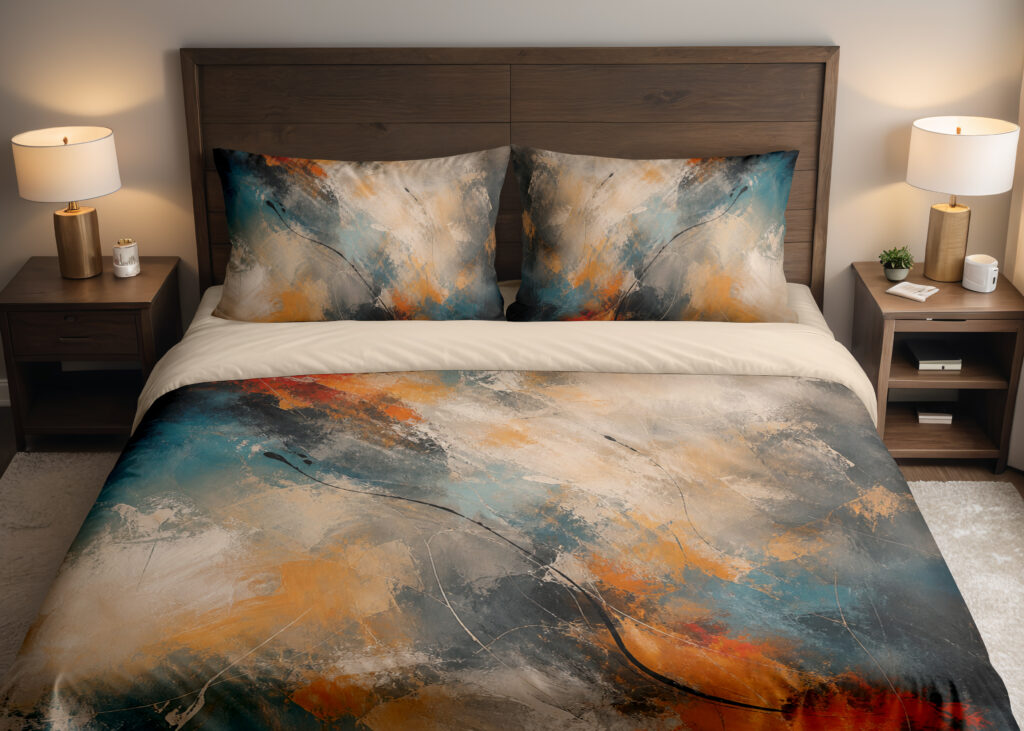 Front close view of bedding printed with sweeping abstract brushstrokes in teal, burnt orange, charcoal, cream and warm gray on the cover and matching pillows.