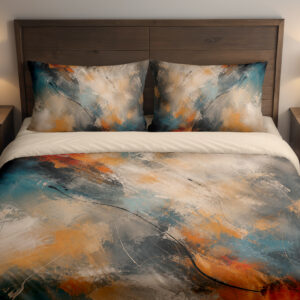 Front close view of bedding printed with sweeping abstract brushstrokes in teal, burnt orange, charcoal, cream and warm gray on the cover and matching pillows.