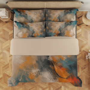 Overhead view of bedding printed with sweeping abstract brushstrokes in teal, burnt orange, charcoal, cream and warm gray, with the design repeated on the pillows.