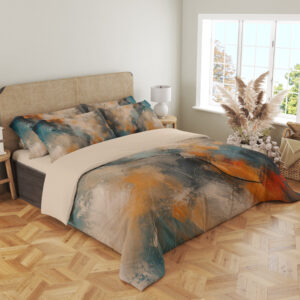Angled full-bed view of bedding printed with sweeping abstract brushstrokes in teal, burnt orange, charcoal, cream and warm gray, showing the pattern across the cover and pillows.