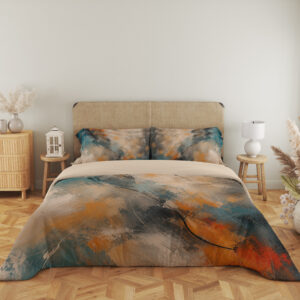 Full front view of bedding printed with sweeping abstract brushstrokes in teal, burnt orange, charcoal, cream and warm gray beneath a beige headboard.