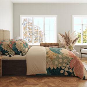 Side view of bedding printed with overlapping coral and ivory fan-shaped flowers, teal semicircles and pale leafy sprigs, showing the print across the draped cover.
