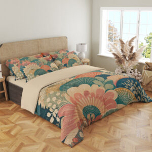 Angled full-bed view of bedding printed with overlapping coral and ivory fan-shaped flowers, teal semicircles and pale leafy sprigs, showing the pattern across the cover and pillows.