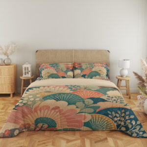 Full front view of bedding printed with overlapping coral and ivory fan-shaped flowers, teal semicircles and pale leafy sprigs beneath a beige headboard.