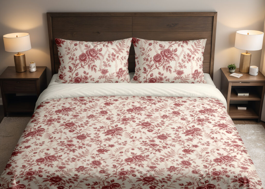 Front close view of ivory bedding with a fine garnet-red repeat of roses, small blossoms and curling leafy sprigs on the cover and matching pillows.