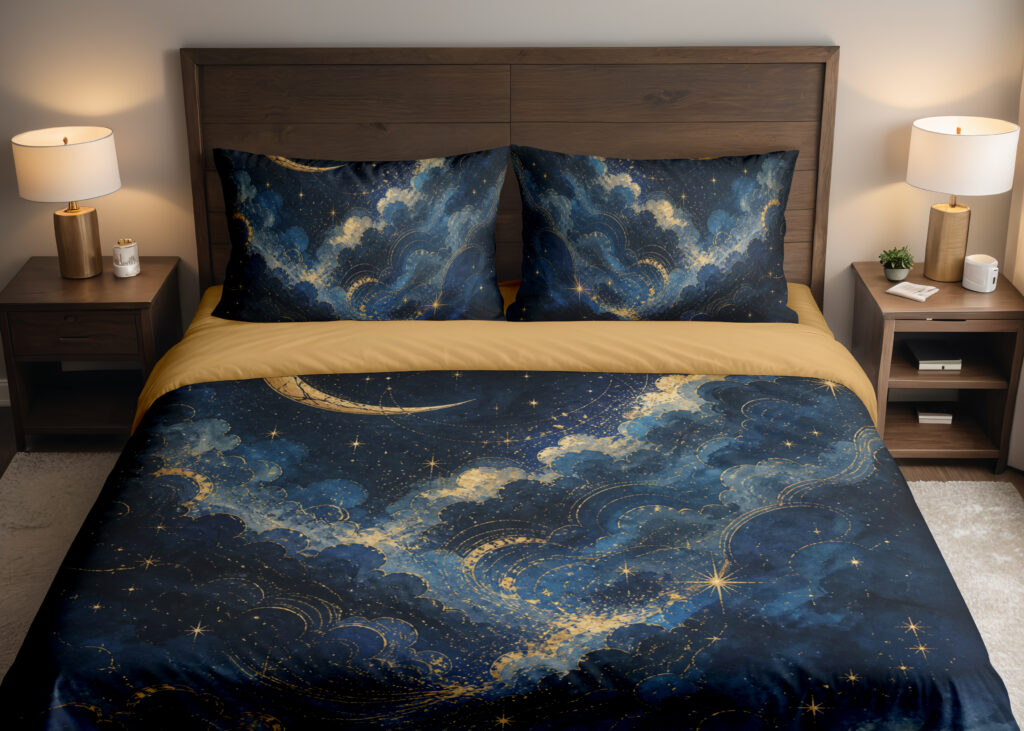Front close view of navy bedding with billowing blue cloud bands, fine golden edges, small stars and a slender crescent moon on the cover and matching pillows.