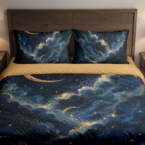 Front close view of navy bedding with billowing blue cloud bands, fine golden edges, small stars and a slender crescent moon on the cover and matching pillows.