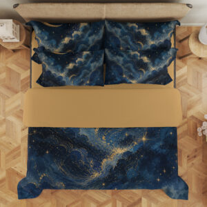 Overhead view of navy bedding with billowing blue cloud bands, fine golden edges, small stars and a slender crescent moon, with the design repeated on the pillows.