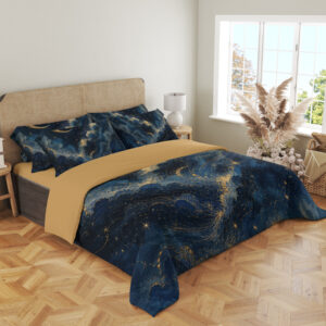 Angled full-bed view of navy bedding with billowing blue cloud bands, fine golden edges, small stars and a slender crescent moon, showing the pattern across the cover and pillows.