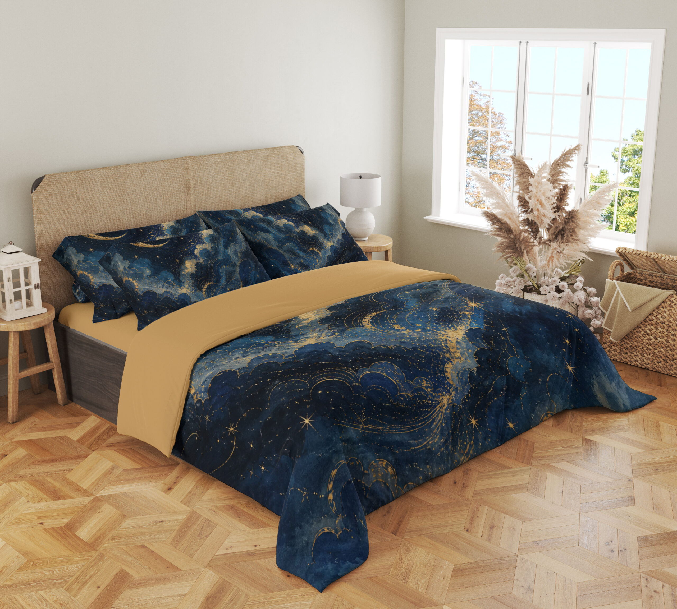 Angled full-bed view of navy bedding with billowing blue cloud bands, fine golden edges, small stars and a slender crescent moon, showing the pattern across the cover and pillows.