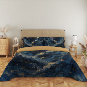 Full front view of navy bedding with billowing blue cloud bands, fine golden edges, small stars and a slender crescent moon beneath a beige headboard.
