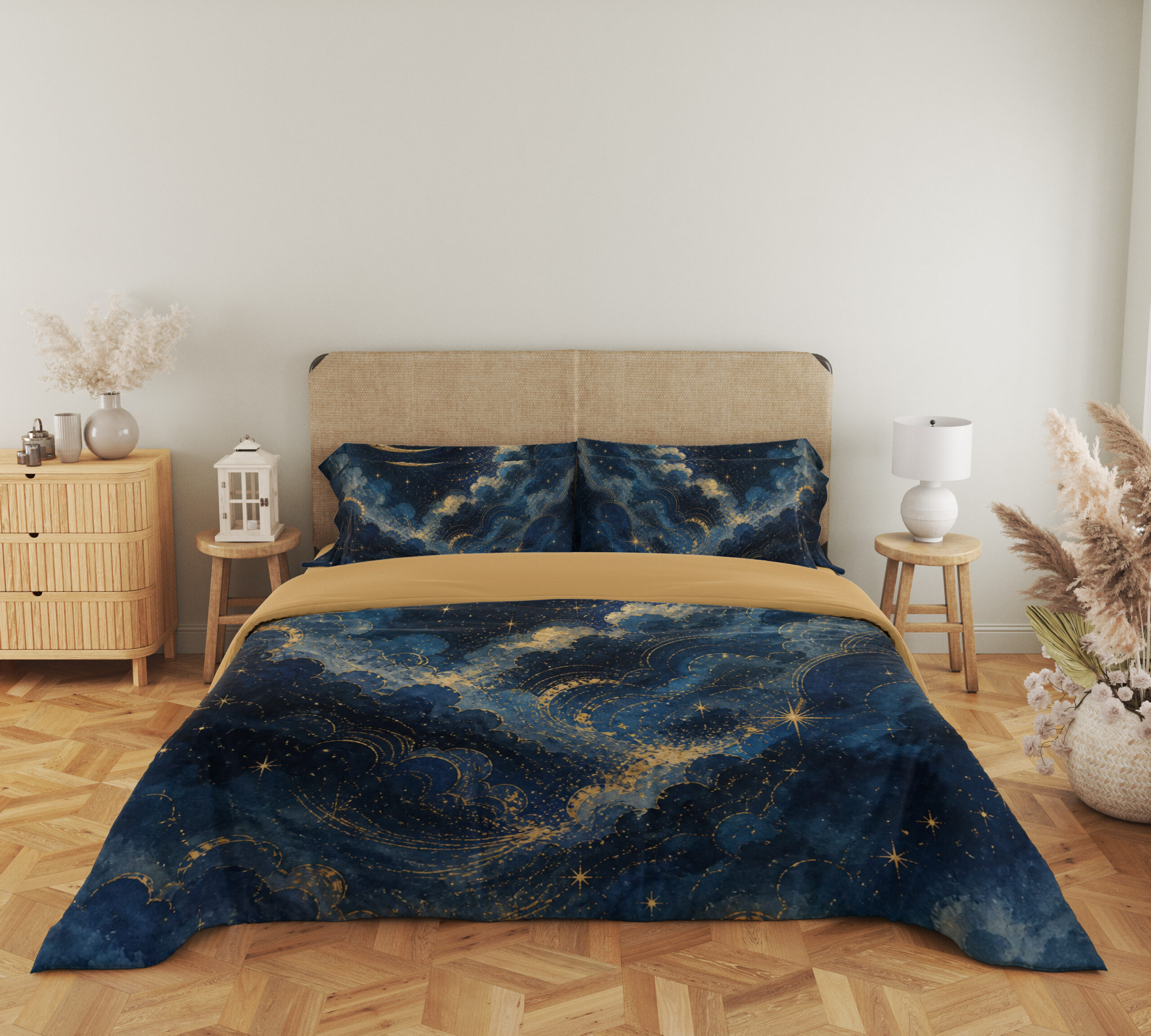 Full front view of navy bedding with billowing blue cloud bands, fine golden edges, small stars and a slender crescent moon beneath a beige headboard.