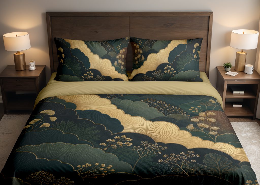Gilded Evergreen Fan Canopy Bedding Set
