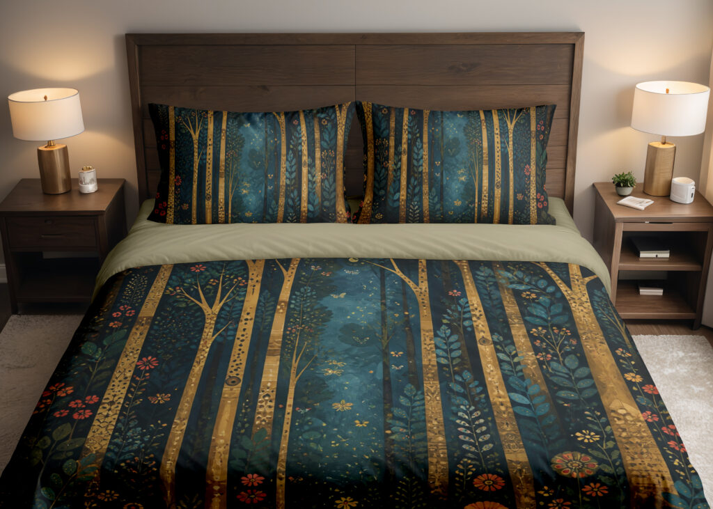 Front close view of deep teal bedding with tall slender golden tree trunks, tiny coral flowers and scattered blue-green leaf sprigs on the cover and matching pillows.