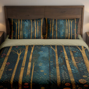 Front close view of deep teal bedding with tall slender golden tree trunks, tiny coral flowers and scattered blue-green leaf sprigs on the cover and matching pillows.