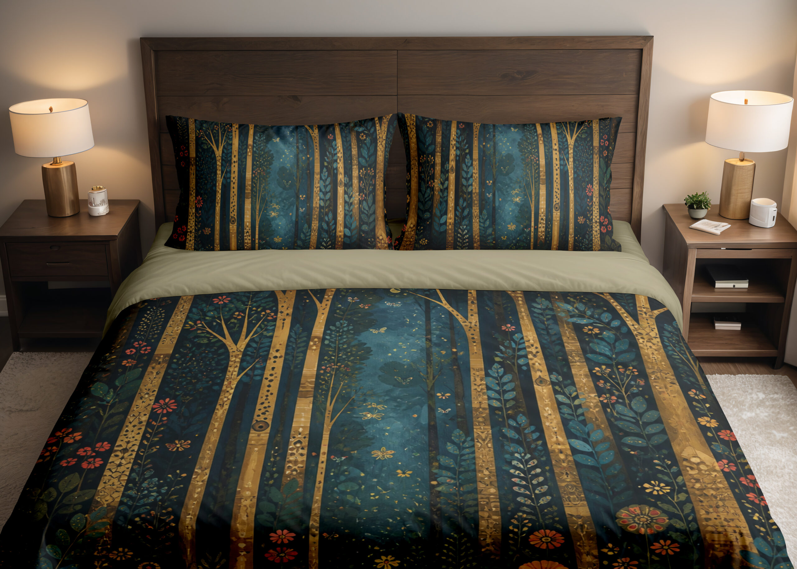 Front close view of deep teal bedding with tall slender golden tree trunks, tiny coral flowers and scattered blue-green leaf sprigs on the cover and matching pillows.