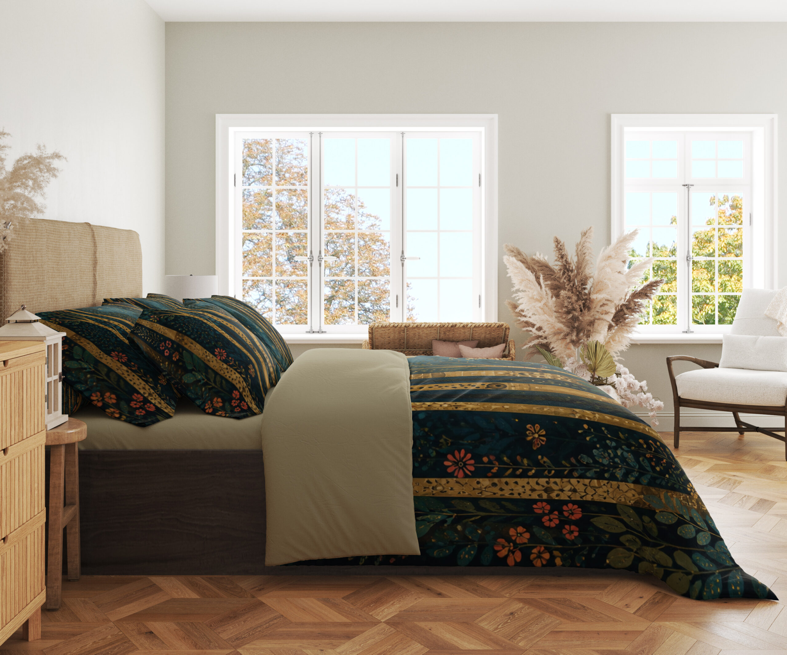 Side view of deep teal bedding with tall slender golden tree trunks, tiny coral flowers and scattered blue-green leaf sprigs, showing the print across the draped cover.