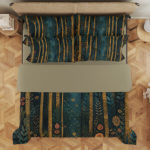 Overhead view of deep teal bedding with tall slender golden tree trunks, tiny coral flowers and scattered blue-green leaf sprigs, with the design repeated on the pillows.