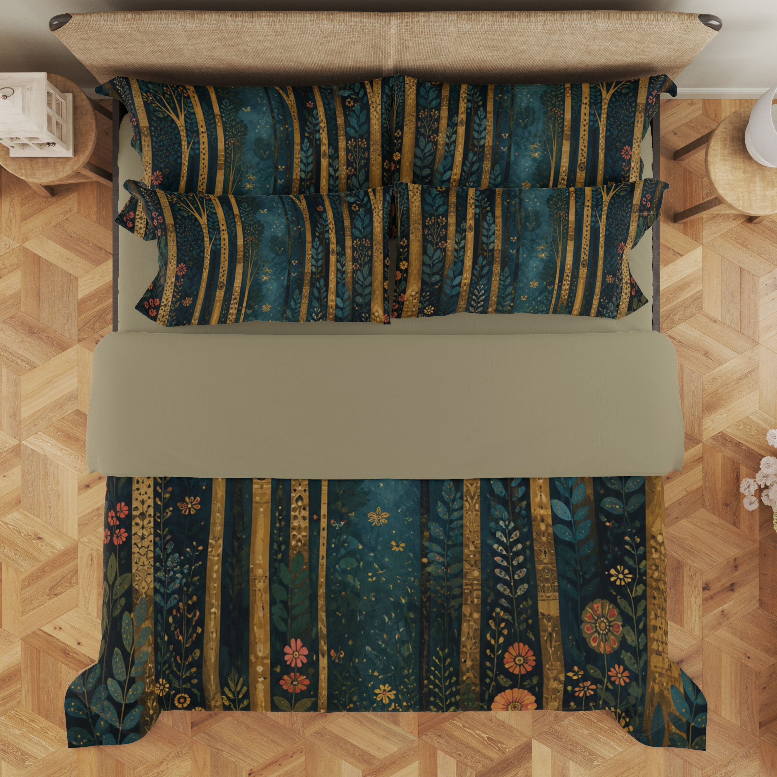 Overhead view of deep teal bedding with tall slender golden tree trunks, tiny coral flowers and scattered blue-green leaf sprigs, with the design repeated on the pillows.