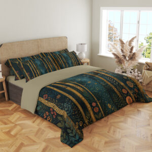 Angled full-bed view of deep teal bedding with tall slender golden tree trunks, tiny coral flowers and scattered blue-green leaf sprigs, showing the pattern across the cover and pillows.