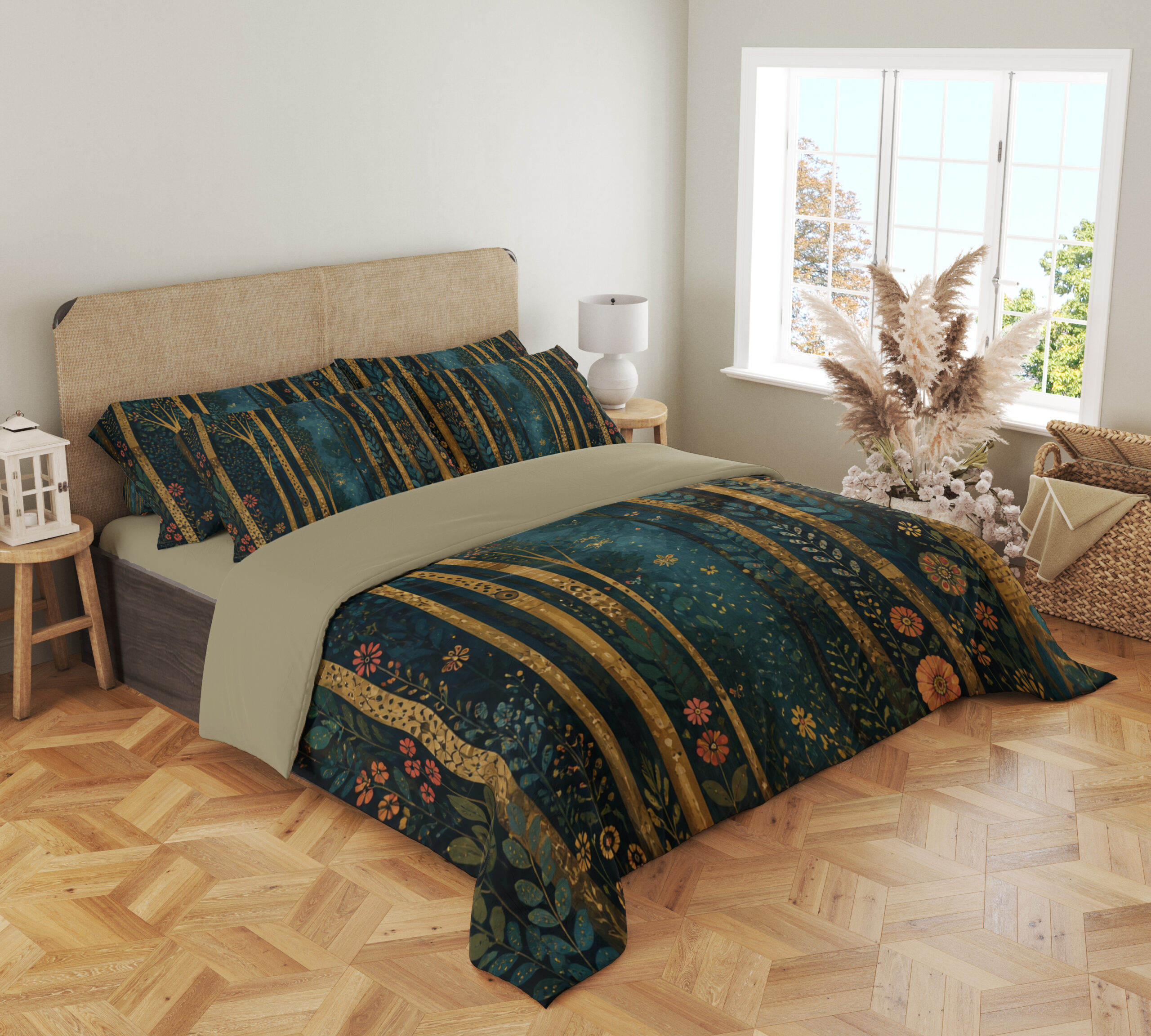 Angled full-bed view of deep teal bedding with tall slender golden tree trunks, tiny coral flowers and scattered blue-green leaf sprigs, showing the pattern across the cover and pillows.