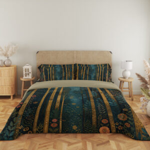 Full front view of deep teal bedding with tall slender golden tree trunks, tiny coral flowers and scattered blue-green leaf sprigs beneath a beige headboard.