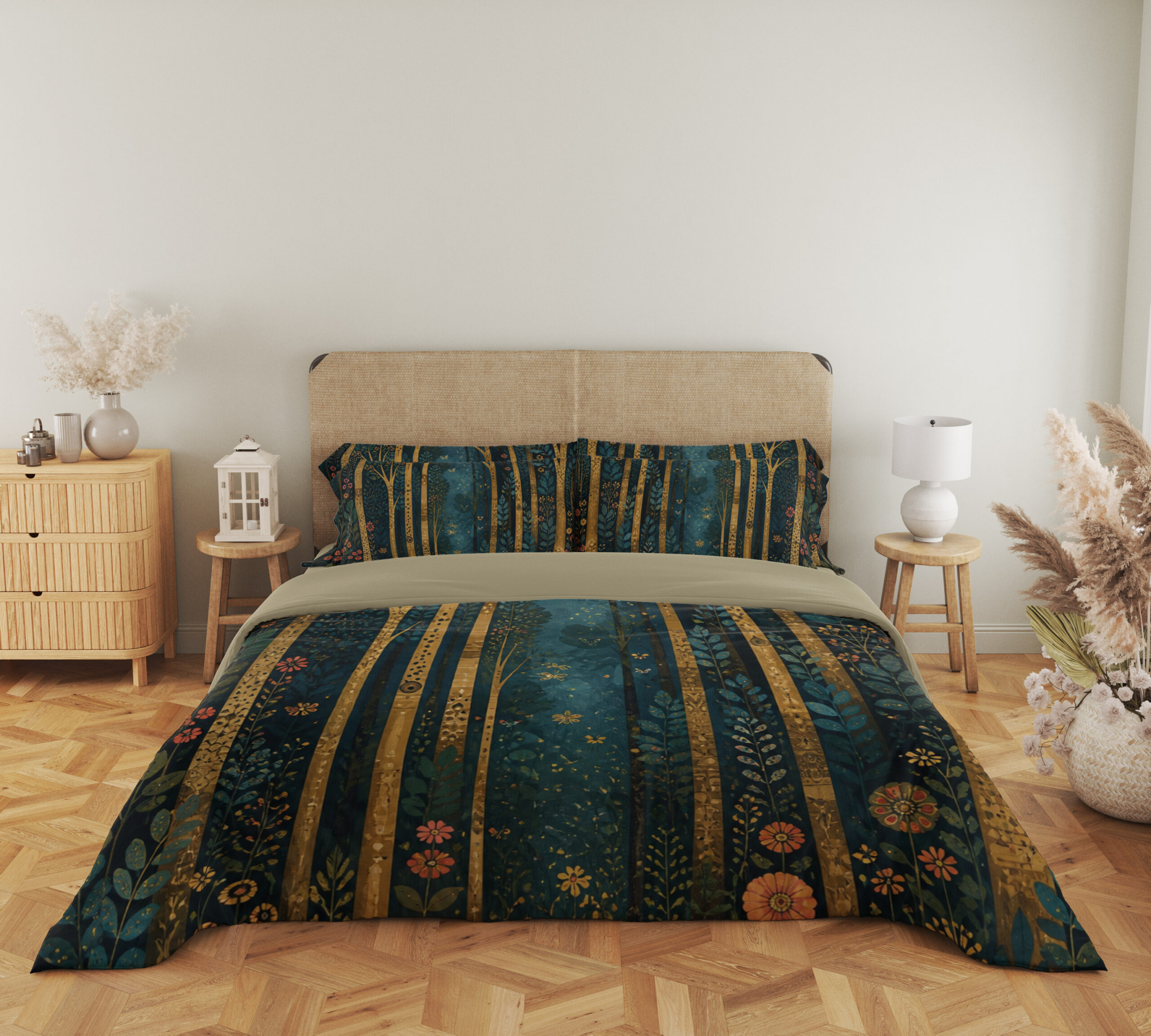 Full front view of deep teal bedding with tall slender golden tree trunks, tiny coral flowers and scattered blue-green leaf sprigs beneath a beige headboard.