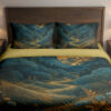 Front close view of deep teal bedding with a golden moon above rounded wooded hills, a winding ochre path and blue-and-gold meadow flowers on the cover and matching pillows.