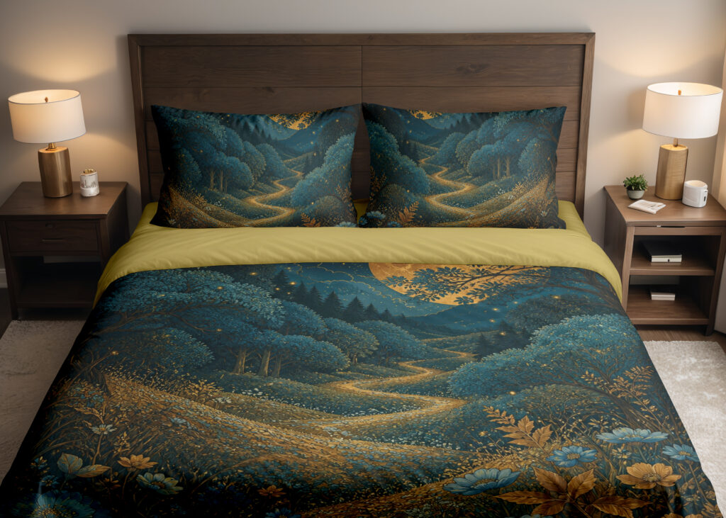 Front close view of deep teal bedding with a golden moon above rounded wooded hills, a winding ochre path and blue-and-gold meadow flowers on the cover and matching pillows.