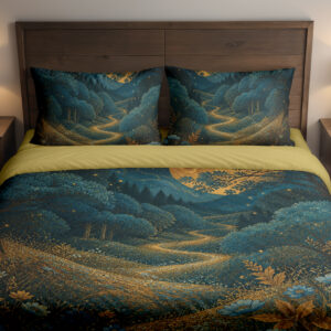 Front close view of deep teal bedding with a golden moon above rounded wooded hills, a winding ochre path and blue-and-gold meadow flowers on the cover and matching pillows.