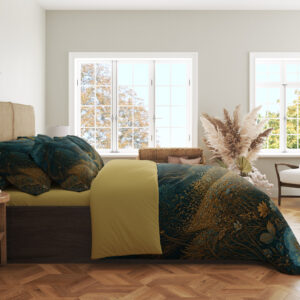 Side view of deep teal landscape bedding with rounded ochre-dotted hills, blue-green leaves and golden meadow stems.