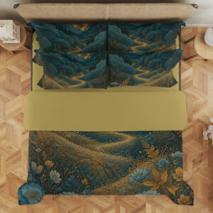 Overhead view of deep teal bedding with a golden moon above rounded wooded hills, a winding ochre path and blue-and-gold meadow flowers, with the design repeated on the pillows.