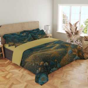 Angled full-bed view of deep teal bedding with a golden moon above rounded wooded hills, a winding ochre path and blue-and-gold meadow flowers, showing the pattern across the cover and pillows.