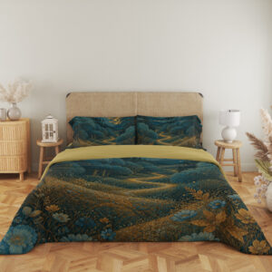 Full front view of deep teal bedding with a golden moon above rounded wooded hills, a winding ochre path and blue-and-gold meadow flowers beneath a beige headboard.
