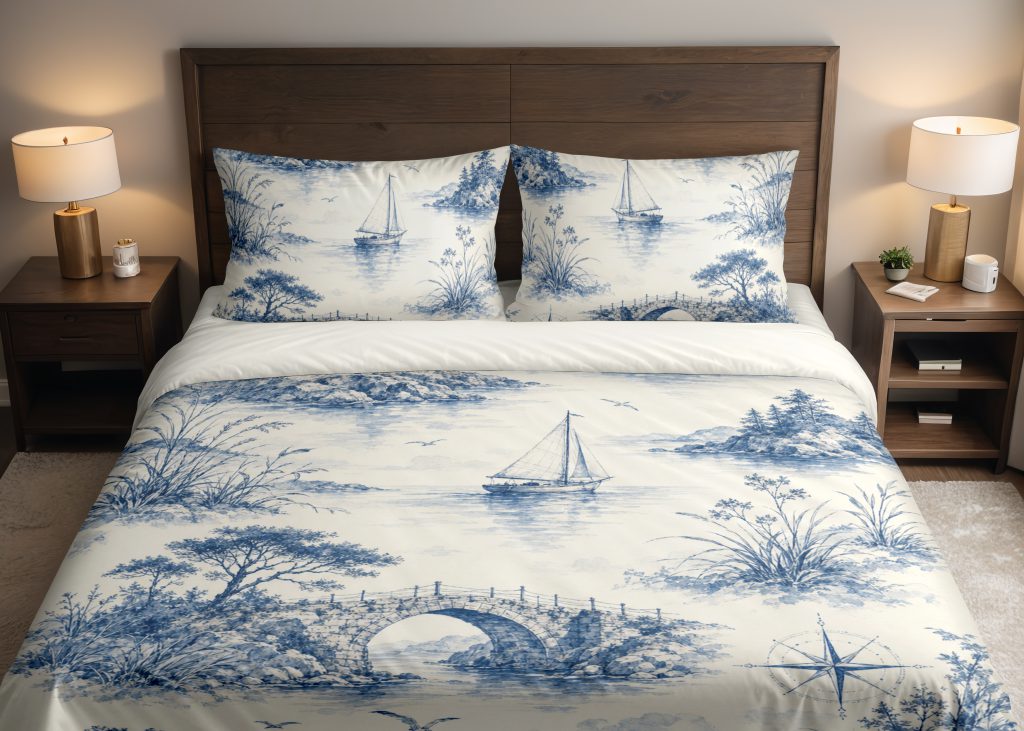 Indigo Harbor Toile Chronicle Bedding Set
