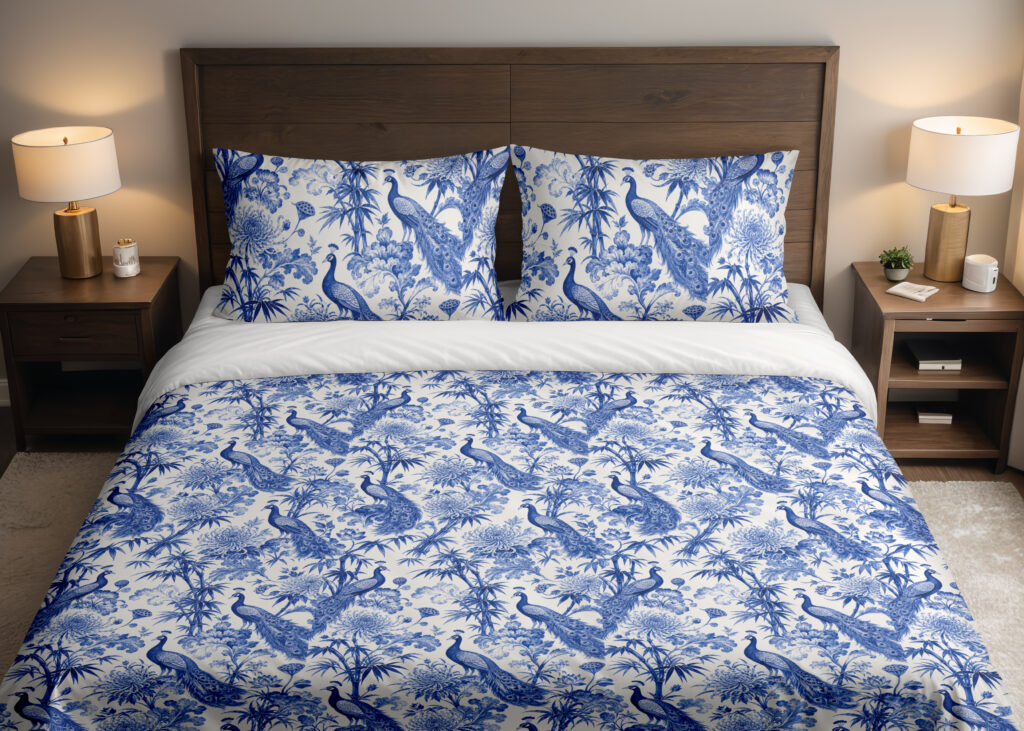 Front close view of ivory bedding with a dense indigo toile-style pattern of peacocks, flowering branches, leafy trees and garden foliage on the cover and matching pillows.