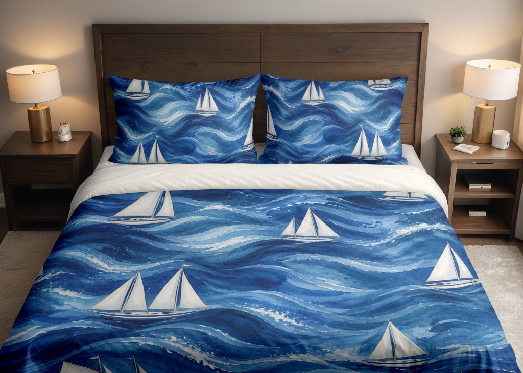 Indigo Sailboat Wave Passage Bedding Set