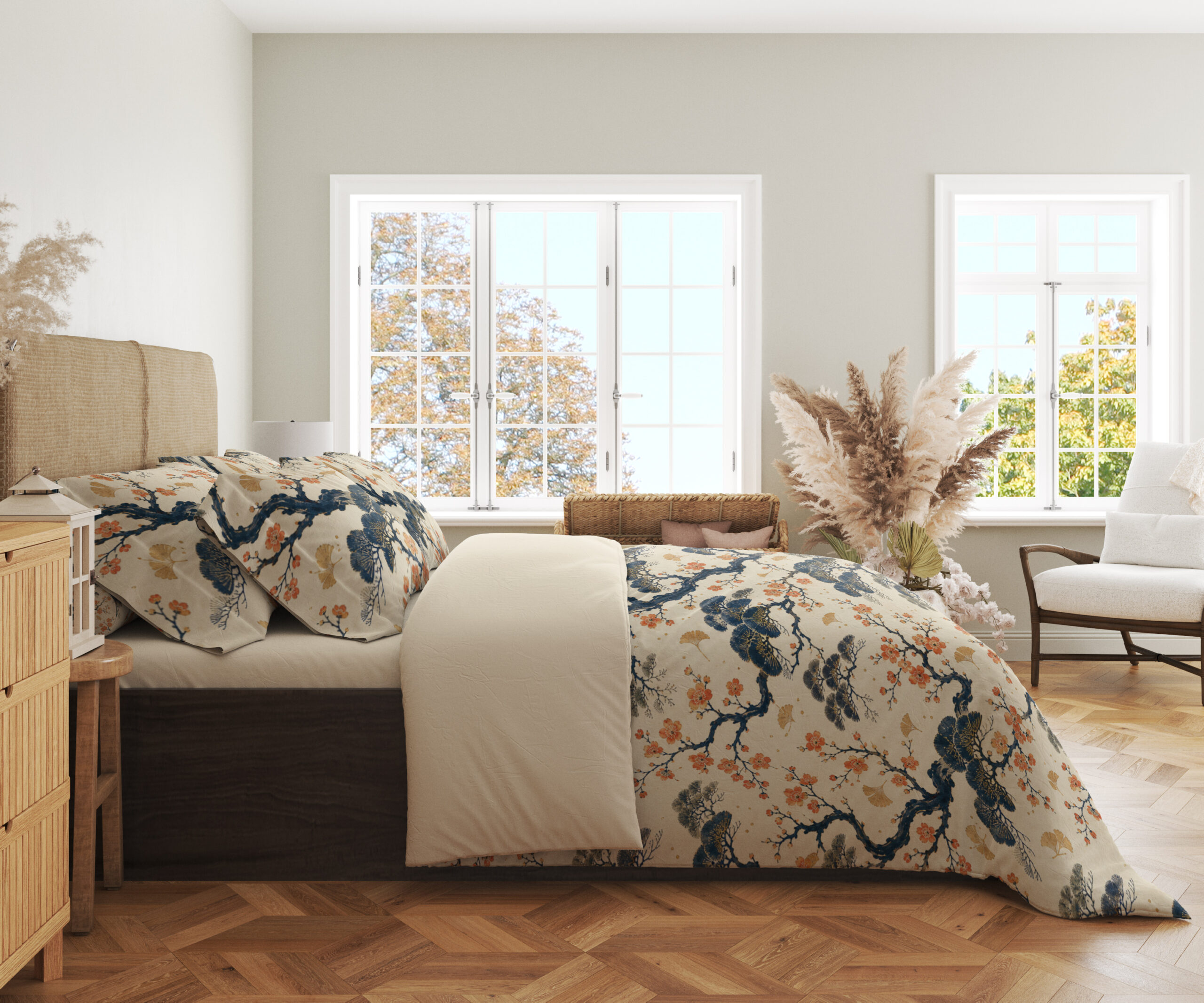 Side view of cream bedding printed with twisting indigo branches, soft blue foliage and clusters of small coral blossoms, showing the print across the draped cover.