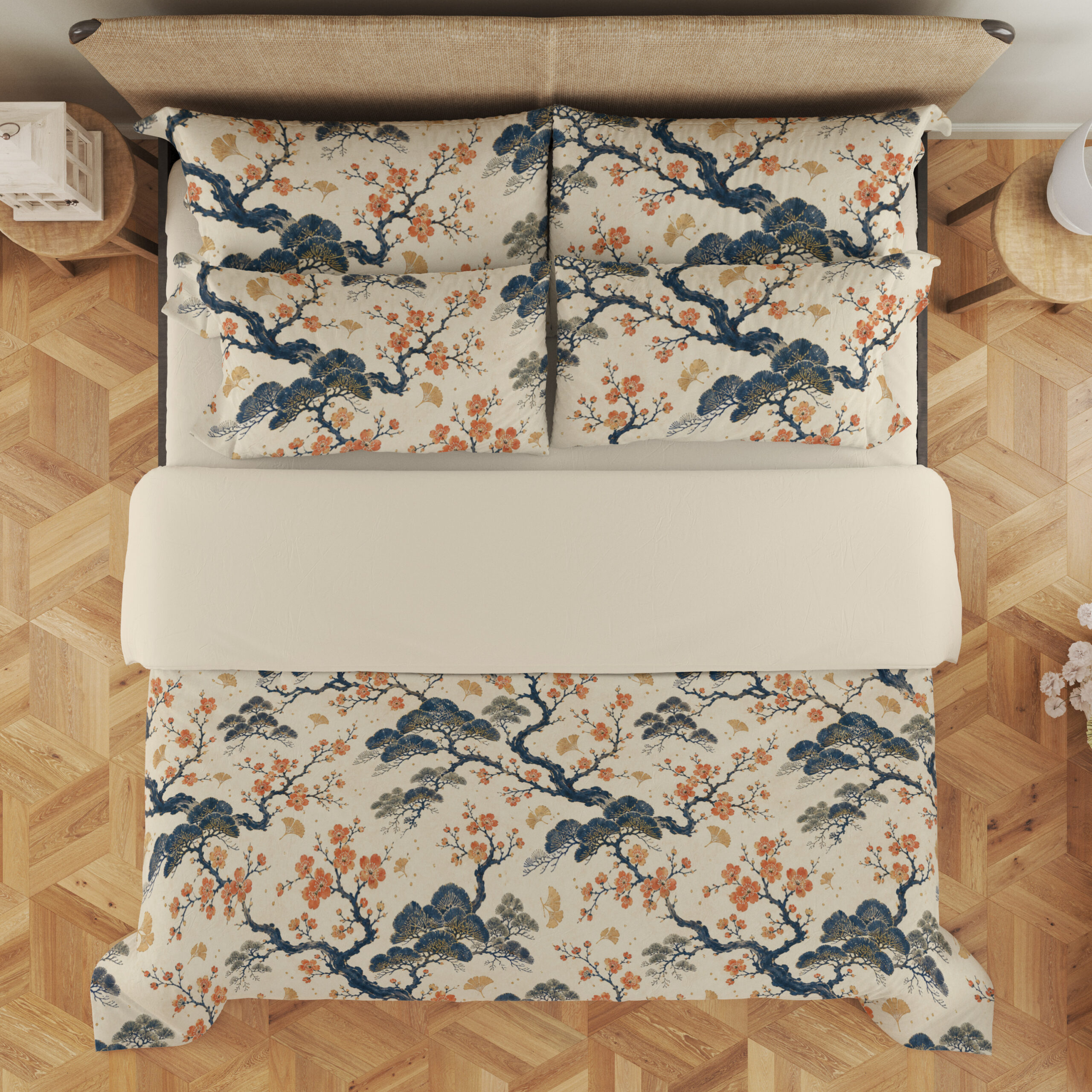 Overhead view of cream bedding printed with twisting indigo branches, soft blue foliage and clusters of small coral blossoms, with the design repeated on the pillows.