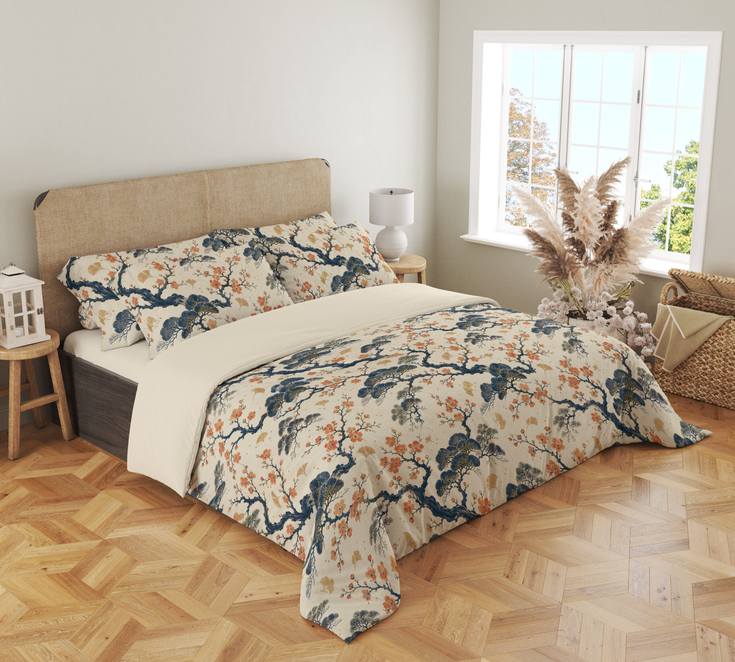 Angled full-bed view of cream bedding printed with twisting indigo branches, soft blue foliage and clusters of small coral blossoms, showing the pattern across the cover and pillows.