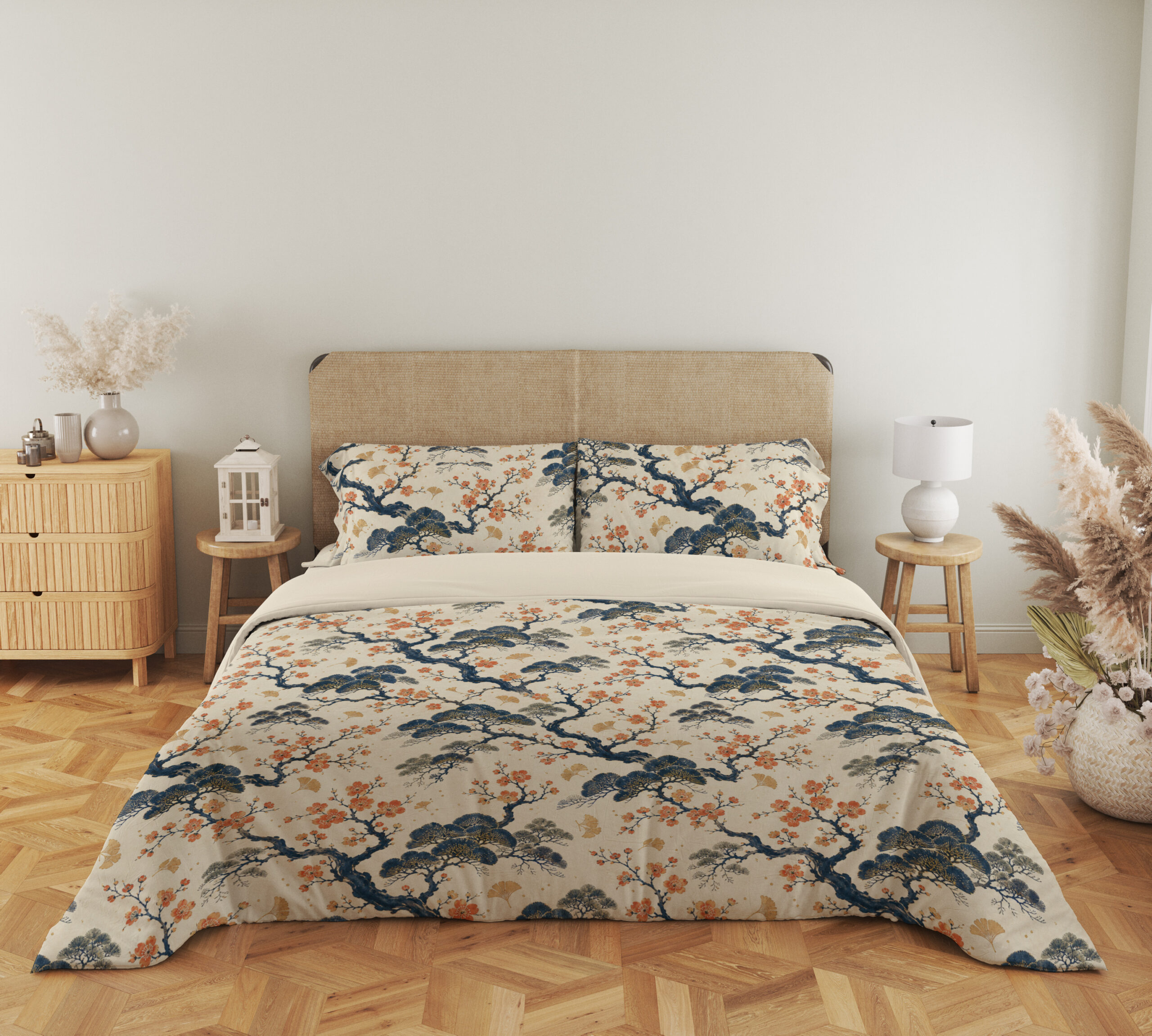 Full front view of cream bedding printed with twisting indigo branches, soft blue foliage and clusters of small coral blossoms beneath a beige headboard.