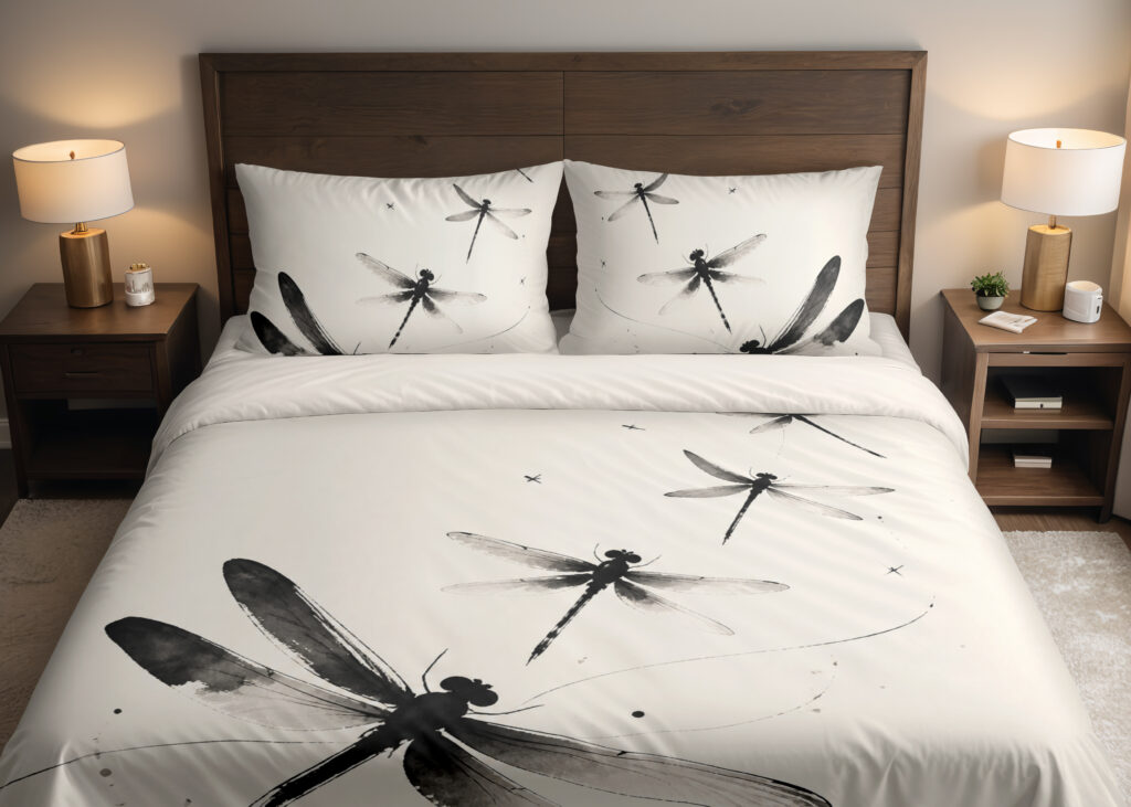 Front close view of ivory bedding printed with large black and gray dragonflies, fine curving lines and scattered ink-like dots on the cover and matching pillows.