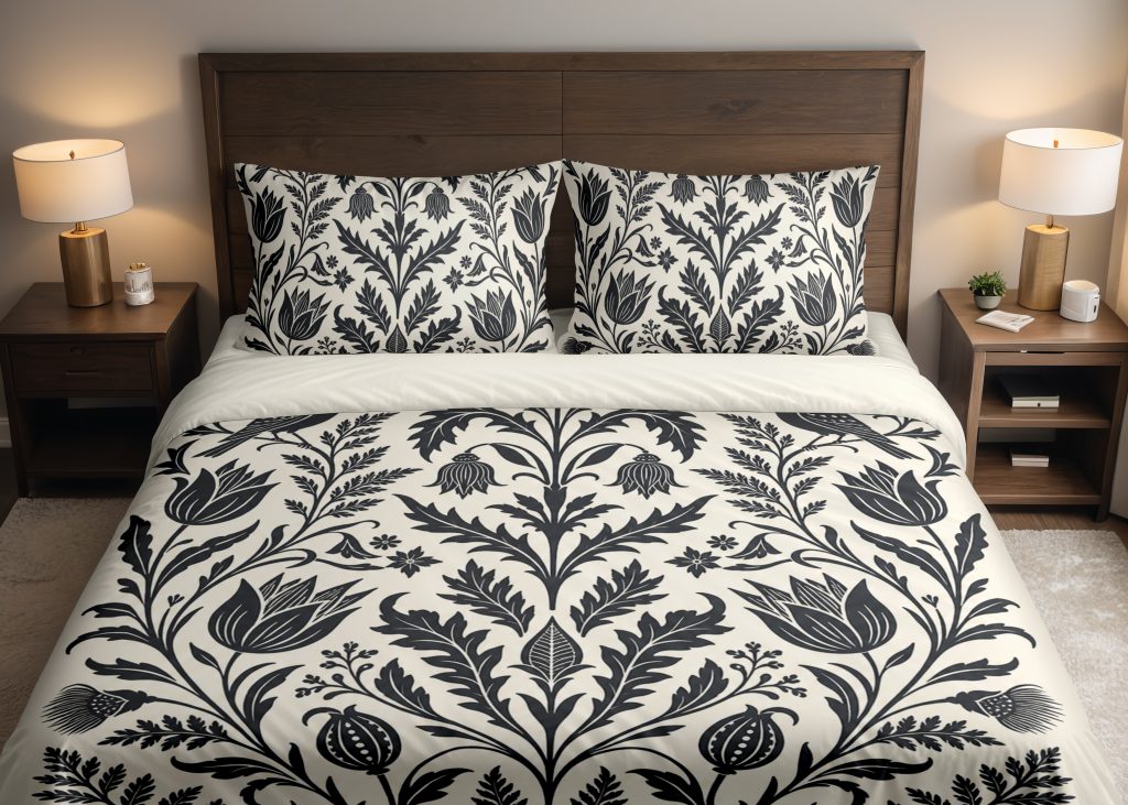 Ivory Nocturne Folklore Damask Bedding Set